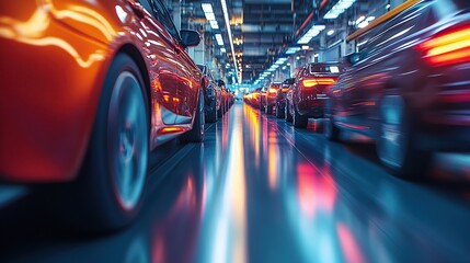 Poster - A dynamic view of cars in a manufacturing facility, showcasing production lines.