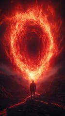 Wall Mural - a mysterious figure stands before a glowing, fiery portal in a dark, dramatic landscape, evoking the