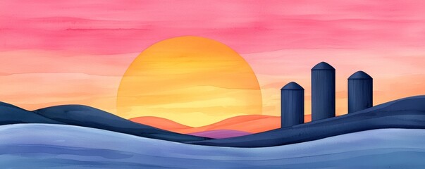 Wall Mural - Farmland fields landscape sunset, Vibrant sunset over rolling hills with three silos silhouetted against the colorful sky.