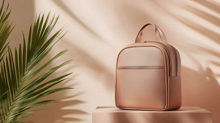 Poster - Stylish leather backpack on display against a soft peach background with plant shadows illuminating the design