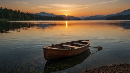 Naklejka na meble A wooden boat floats on calm water at sunset, reflecting vibrant orange and gold hues, surrounded by serene mountains and trees.