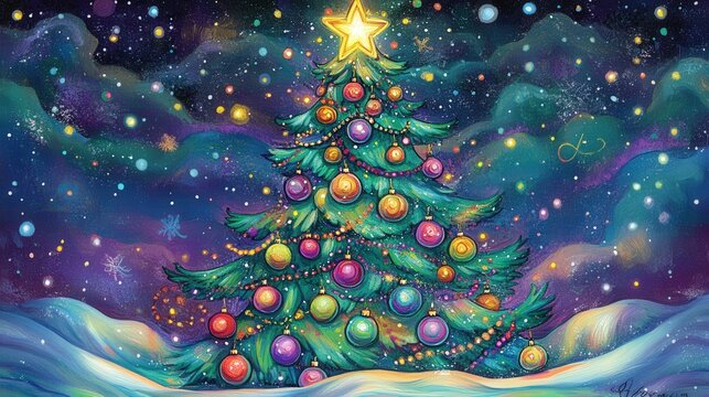 A whimsical Christmas tree background with brightly colored ornaments, twinkling lights, and a star atop, creating a festive and cheerful holiday setting