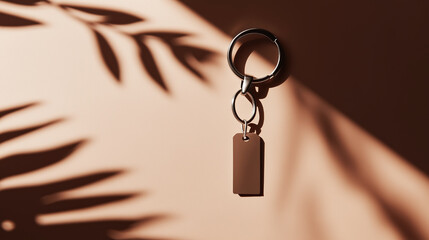 Poster - keychain with blank tag and shadow of palm leaves on beige background in soft light