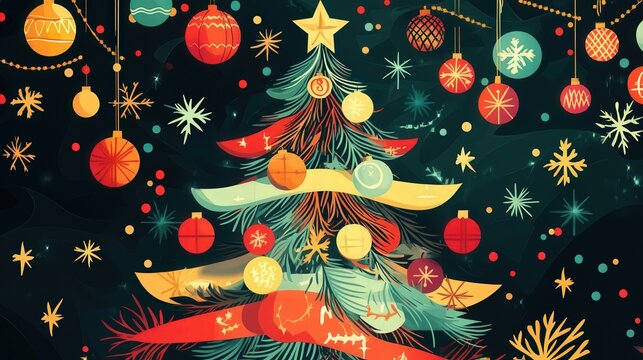 A whimsical vector illustration of a Christmas tree, decorated with a mix of traditional and contemporary ornaments, all brought to life with vibrant colors and crisp, clean lines.