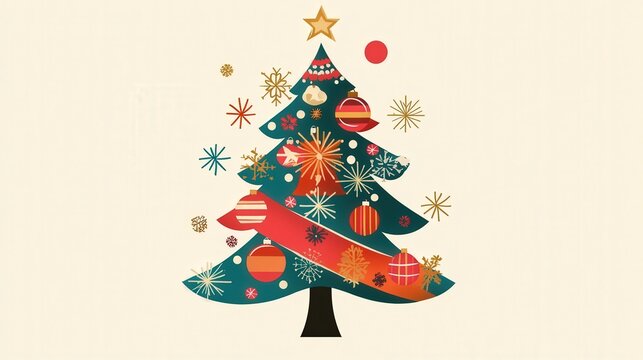 A whimsical vector illustration of a Christmas tree, decorated with a mix of traditional and contemporary ornaments, all brought to life with vibrant colors and crisp, clean lines.