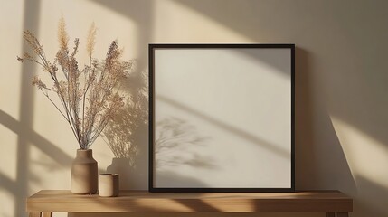 Poster - A minimalist interior scene featuring a blank frame and dried plants.