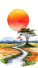 Wall Mural - Farmland fields landscape sunset, A vibrant sunset over a tranquil landscape with a winding path and solitary trees.