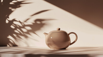 Poster - elegant teapot casting shadows on a wooden surface during afternoon light in a minimalist setting