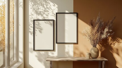 Poster - A minimalist interior featuring empty frames and dried plants.