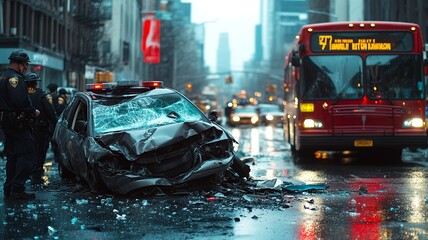 Wall Mural - A close-up photo capturing a crash involving a car and a bus. The image focuses on the damage and the impact of the collision between the two vehicles.

