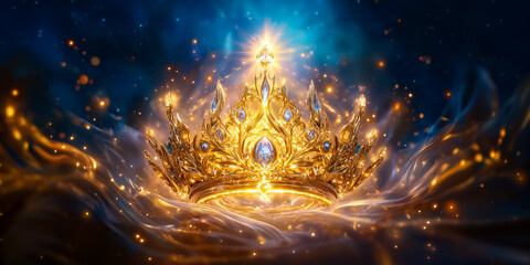Poster - A large crown pulsates with vibrant energy, illuminating its surroundings with dazzling light and intricate details