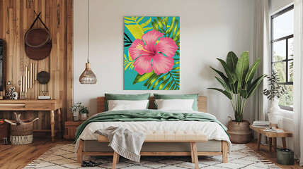 Wall Mural - interior design mockup Country farmhouse interior design of modern bedroom Tropical Paradise Turquoise lime green sunny yellow hibiscus pink PinUp Art