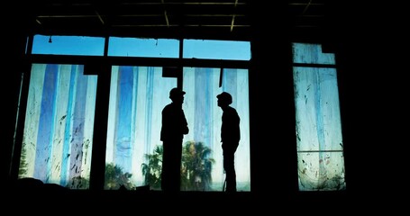 Poster - Silhouette, engineering and business people with handshake, corruption and thank you with partnership. Employees, fraud and shady deal with cooperation and building development with renovation