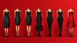 © Visual AI Engine - Seven headless mannequins display diverse little black dresses and a red dress against a red background.
