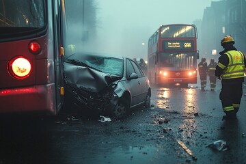 Wall Mural - A close-up photo capturing a crash involving a car and a bus. The image focuses on the damage and the impact of the collision between the two vehicles.

