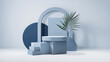 © ATALLAH AHMED  - interior design mockup 3D rendering of a gray podium with a palm leaf on the right in front of a white background in a minimalist style Faded Denim Indigo soft blue offwhite gray Cubism