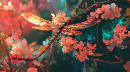 Poster - Dragonfly dreams: a red carpet of flowered serpents generative ai. Edenic. Illustration