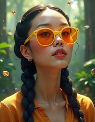 woman with afro braided hair and sunglasses with smooth facial features,red blue yellow green purple colors,sun rays,lights,realistic,flying colorful small natural stones,real live three dimensional