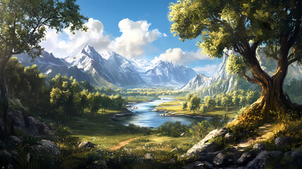 Wall Mural - A beautiful landscape with a river, trees, and mountains in the distance. the sky is blue and there are white clouds. Edenic. Illustration