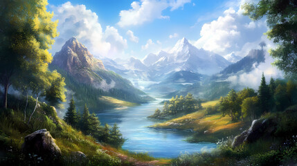 Wall Mural - A beautiful landscape with a river, trees, and mountains in the distance. the sky is blue and there are white clouds. Edenic. Illustration