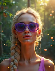 woman with afro braided hair and sunglasses with smooth facial features,red blue yellow green purple colors,sun rays,lights,realistic,flying colorful small natural stones,real live three dimensional