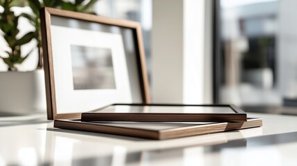 Poster - elegant wooden picture frames arranged on a bright tabletop in a modern interior setting with natura