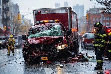 Wall Mural - A photojournalistic image depicting the aftermath of a crash involving a car and a truck. The scene highlights the severity of the impact and the resulting damage to both vehicles.

