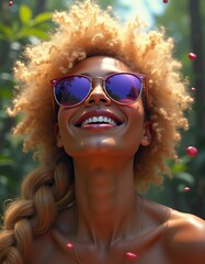 woman with afro braided hair and sunglasses with smooth facial features,red blue yellow green purple colors,sun rays,lights,realistic,flying colorful small natural stones,real live three dimensional