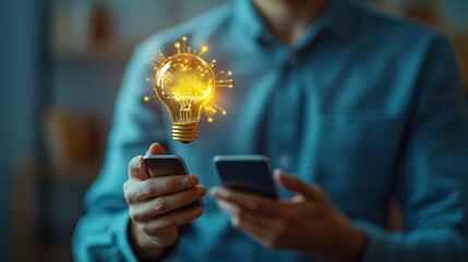 Aufkleber - A person holding two smartphones with a glowing light bulb above.