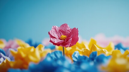 Poster - A vibrant pink flower stands out among colorful paper petals in a bright setting.