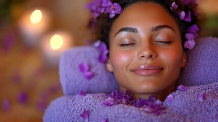Poster - A woman enjoys blissful relaxation in a tranquil spa environment, surrounded by soft purple towels and scattered flower petals. The soft candlelight enhances the calm atmosphere.
