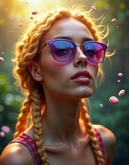 woman with afro braided hair and sunglasses with smooth facial features,red blue yellow green purple colors,sun rays,lights,realistic,flying colorful small natural stones,real live three dimensional