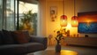 © Damen - Cozy living room with warm lighting and a plant centerpiece.