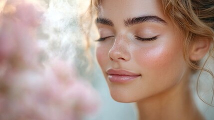 Poster - A woman with glowing skin closes her eyes, taking in the beauty of blooming flowers around her. Soft light creates an ethereal atmosphere, perfect for relaxation.