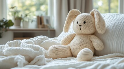 Poster - A soft, knitted bunny is perched on a cozy bed adorned with white blankets. Bright sunlight filters through the window, creating a warm atmosphere in the room.