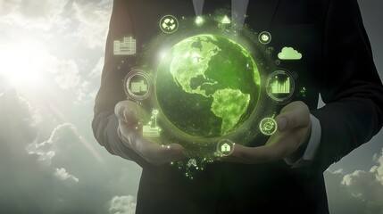 a businessman holding a glowing green globe with digital icons. renewable energy solutions, sustainable practices in business, greenhouse gas reduction techniques, net zero emissions policies 