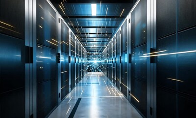 Poster - Explore a futuristic data center filled with vibrant lights and high-speed connections in an awe-inspiring digital environment. Generative AI