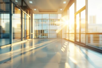 Poster - A bright, modern interior space with large windows, showcasing sunlight streaming through, casting long shadows on the polished floor.
