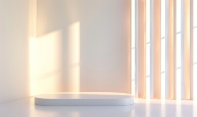 Poster - A minimalist, bright space featuring a smooth podium and soft light streaming through vertical slats, creating a serene atmosphere.