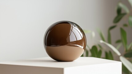 Poster - brown decorative sphere on a white pedestal with soft natural lighting showcasing minimalistic inter