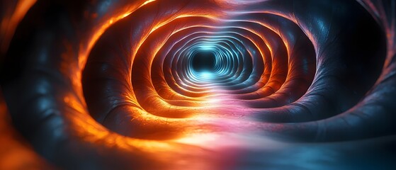 Poster - A mesmerizing and vibrant tunnel formed by intertwining smooth curves, illuminated with shades of orange, blue, and purple, evoking a sense of depth and wonder.