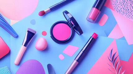 makeup products realistic vector illustration. facial cosmetics isolated on abstract geometric backg