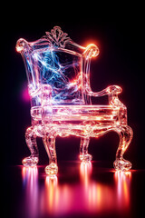 Poster - A transparent glass chair glows with colorful lights against a dark backdrop, creating a captivating effect
