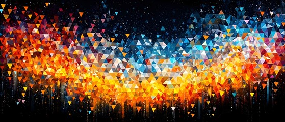 Poster - A vibrant abstract composition featuring an explosion of colorful triangles, blending warm oranges and cool blues against a starry background, creating a dynamic visual experience.