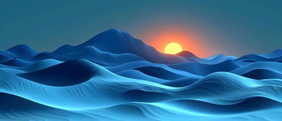 Sticker - A serene digital landscape featuring undulating waves in shades of blue, with a warm orange sun rising over the horizon, creating a tranquil and peaceful atmosphere.