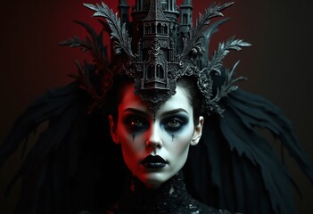 Wall Mural - Dark gothic art, macabre elegance, female with intricate headdress, pale face emerging from darkness