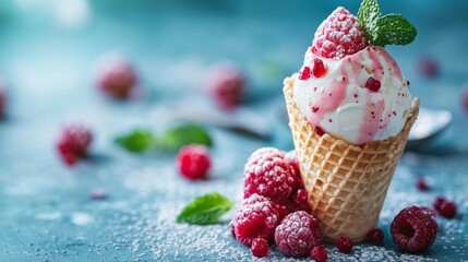 Wall Mural - Ice cream cone with raspberries and mint garnish