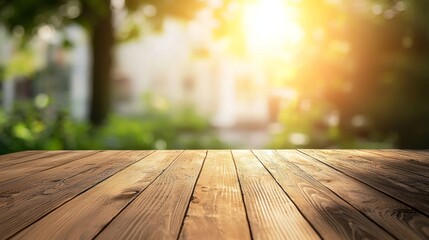 Poster - A vibrant wooden table sits empty, basking in bright sunlight amidst lush greenery, creating a perfect spot for gatherings, creativity, or peaceful moments as the day unfolds