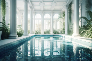 Poster - Large white hall with tall pillars and a lot of greenery