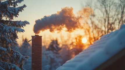 Aufkleber - Dark smoke billows from a chimney atop a brick structure, contrasting with the colorful glow of a sunset. Snow blankets the surrounding trees, creating a tranquil winter atmosphere